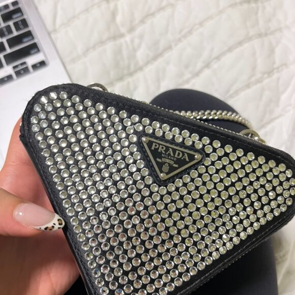 Prada Triangular Embellished Satin And Leather Mini-pouch - Picture 5 of 6